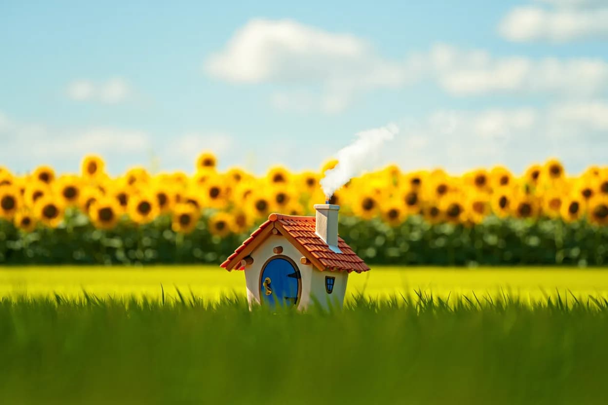 Een klein huisje in een zonnebloemenveld — een nieuw begin.